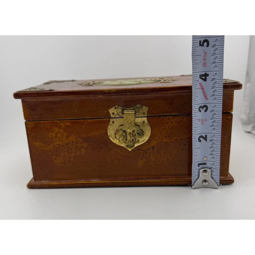 Vintage Asian Style Wood Jewelry Box with Jade Floral‎ Inlay & Brass Accents
